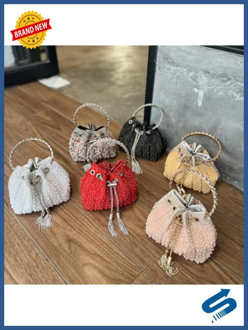 Faux Pearl Rhinestone Clutch Crossbody Bucket Evening Bag Wedding Party